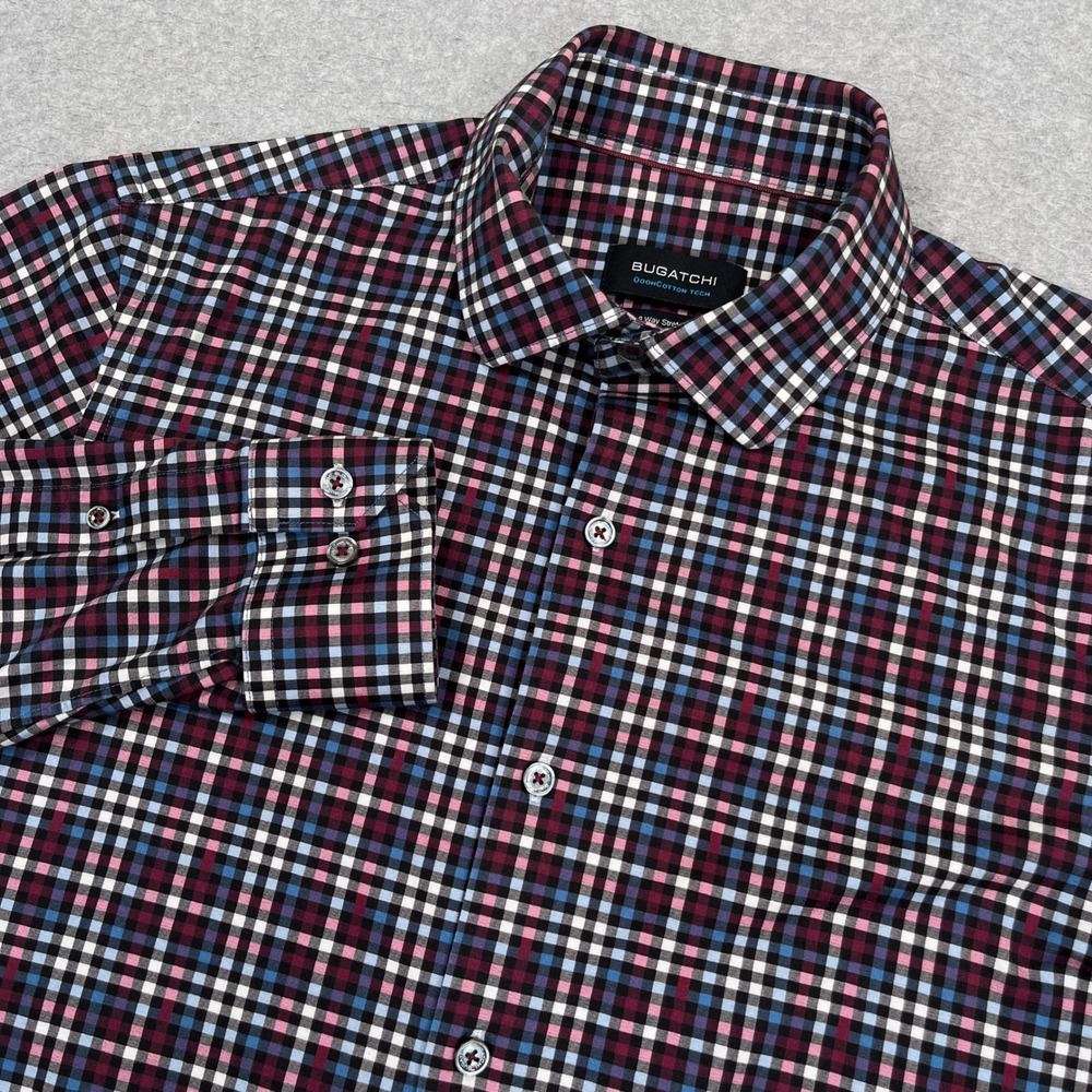 Bugatchi OoohCotton Tech Shirt Mens Medium Wine Plaid 8 Way Stretch Button Up